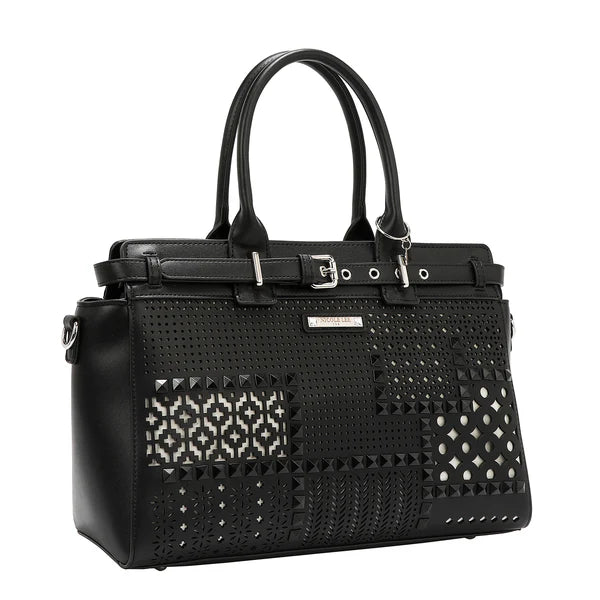 BOLSO SATCHEL CON RECORTES GEOMÉTRICOS (Negro)