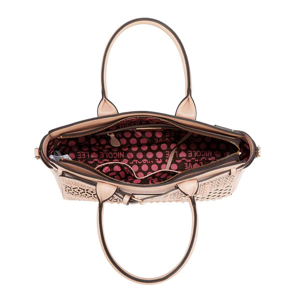 BOLSO SATCHEL CON RECORTES GEOMÉTRICOS (ROSA)