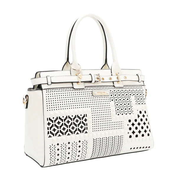 BOLSO SATCHEL CON RECORTES GEOMÉTRICOS (Blanco)