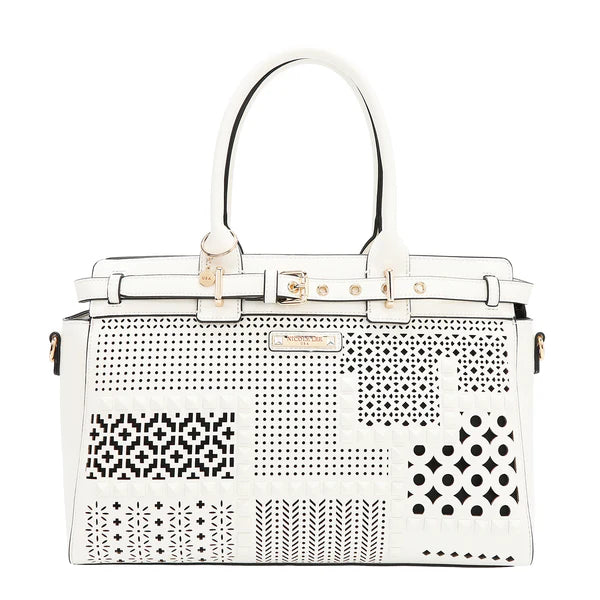 BOLSO SATCHEL CON RECORTES GEOMÉTRICOS (Blanco)
