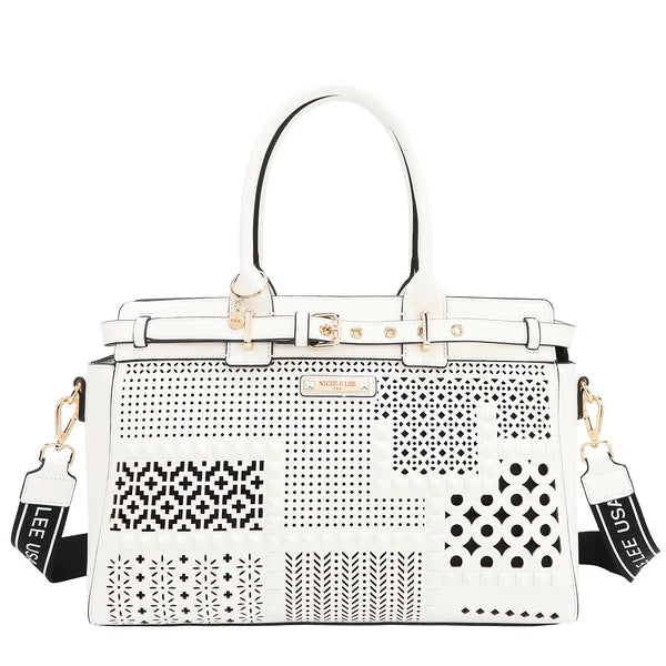 BOLSO SATCHEL CON RECORTES GEOMÉTRICOS (Blanco)