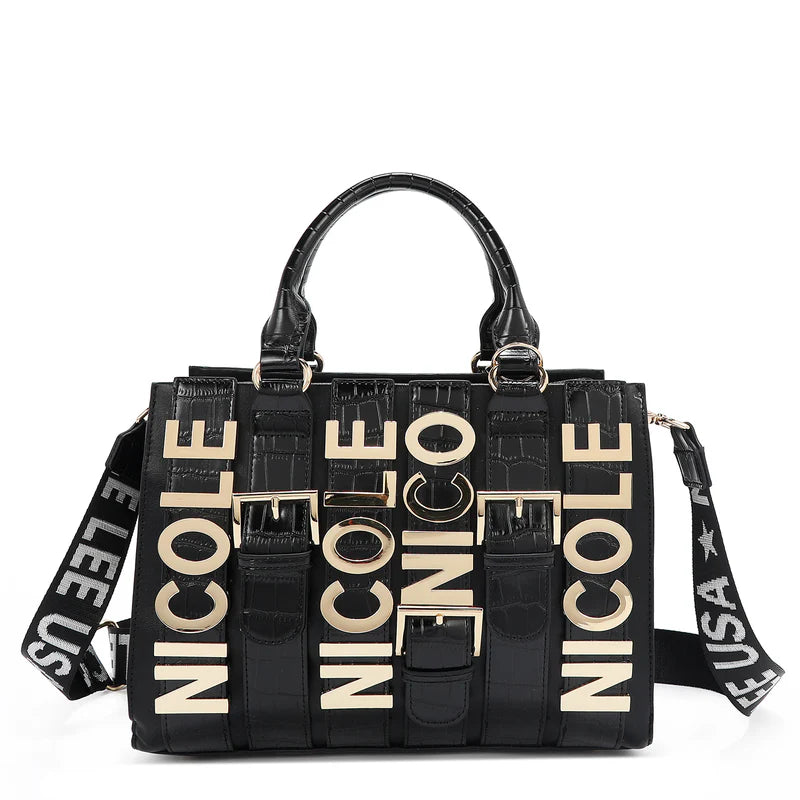 Calista Satchel Negro | Bolso Vegano con Detalles Croc