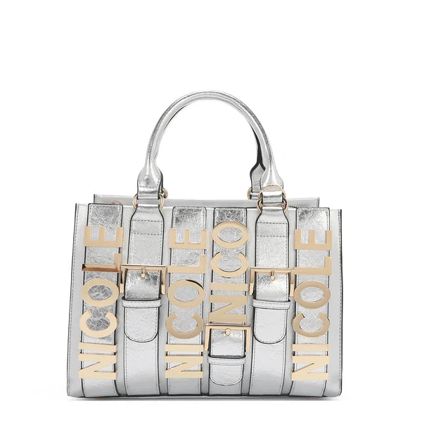 Calista Satchel Plateado | Bolso Vegano con Detalles Croc