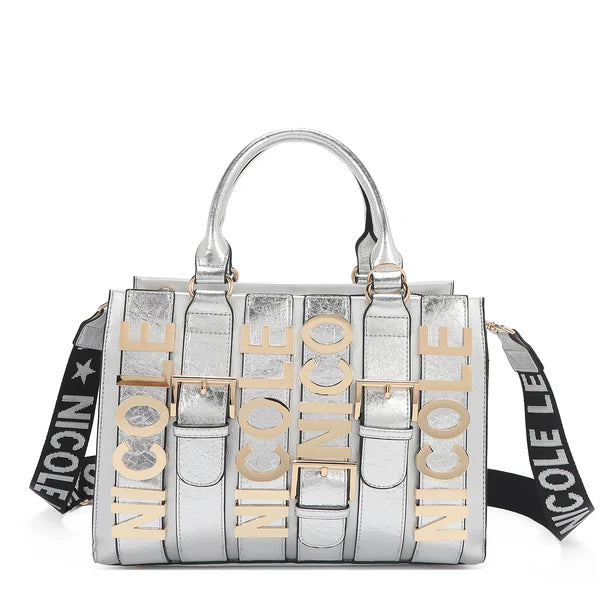 Calista Satchel Plateado | Bolso Vegano con Detalles Croc