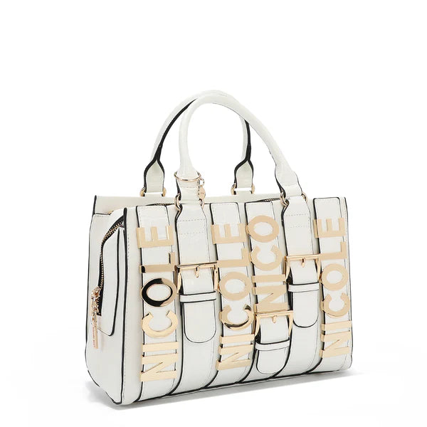 Calista Satchel Blanco | Bolso Vegano con Detalles Croc