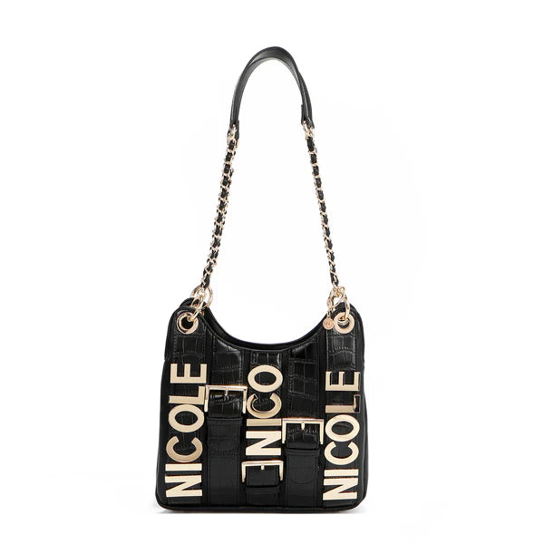 “Bolso Calista negro con cadena Nicole Lee vista frontal”