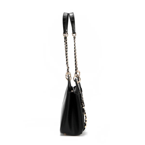 “Bolso Calista negro con cadena Nicole Lee vista lateral”