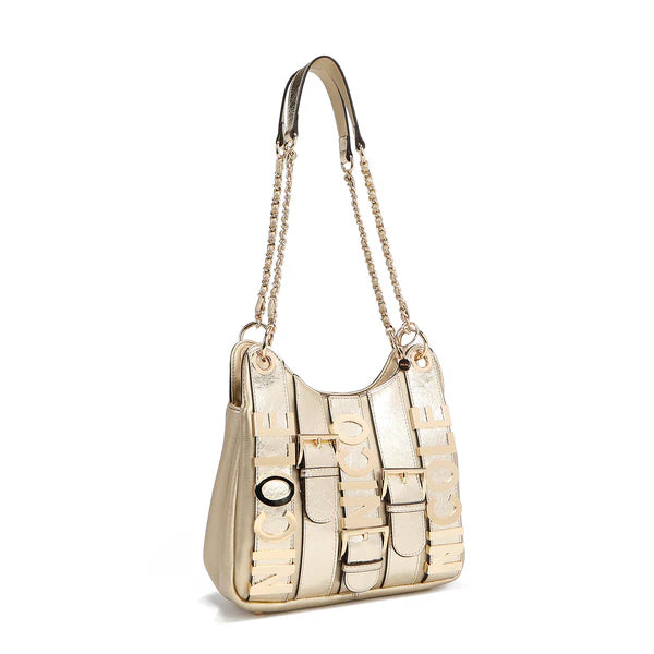 “Bolso Calista dorado con cadena Nicole Lee vista frontal”
