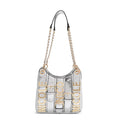 “Bolso Calista plateado con cadena Nicole Lee vista frontal”