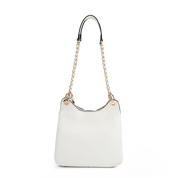 “Bolso Calista blanco con cadena Nicole Lee vista trasera"